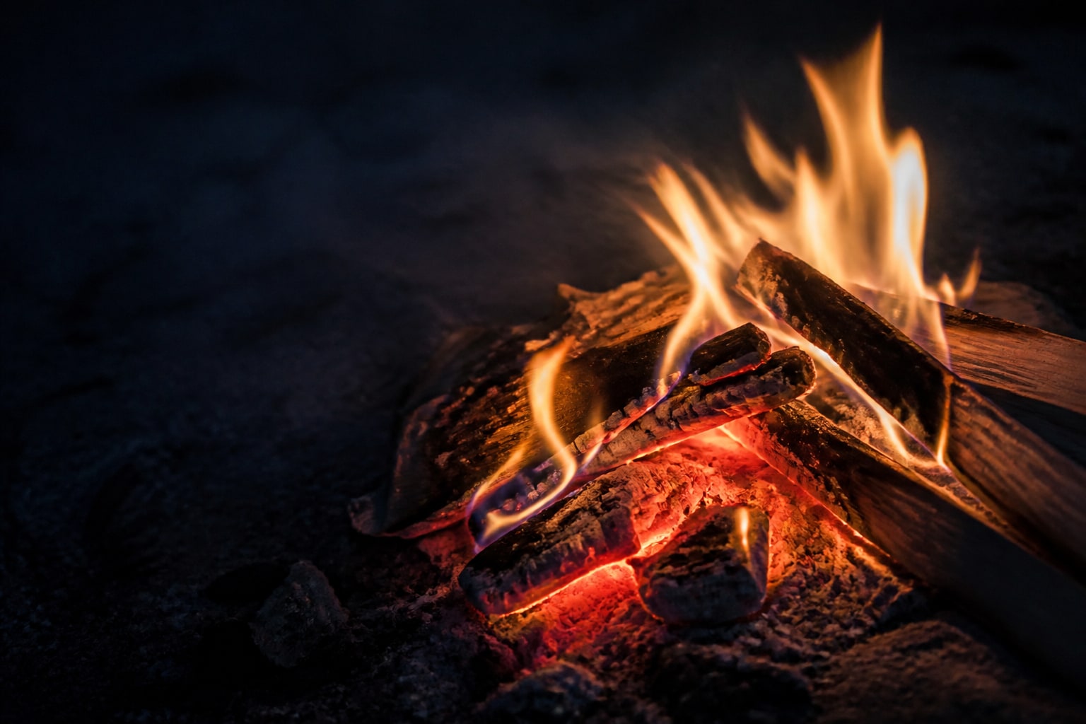 Flames of a campfire at night